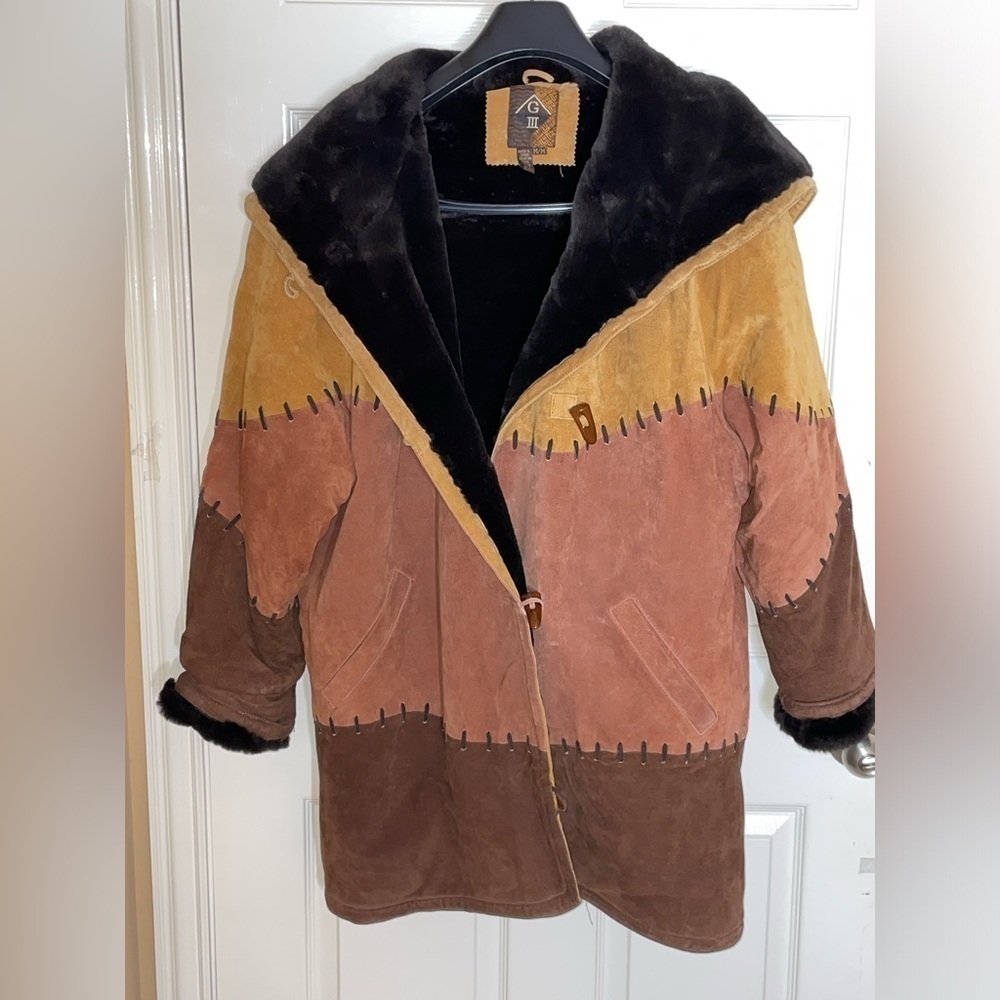 Women's Vintage Heavy G3 Suede Leather Coat with Black Faux Fur Collar Medium - Picture 6 of 13